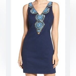 🥒 Lilly Pulitzer Gabby True Navy Blue Gold Beaded Jewel VNeck Shift Mini Dress 2